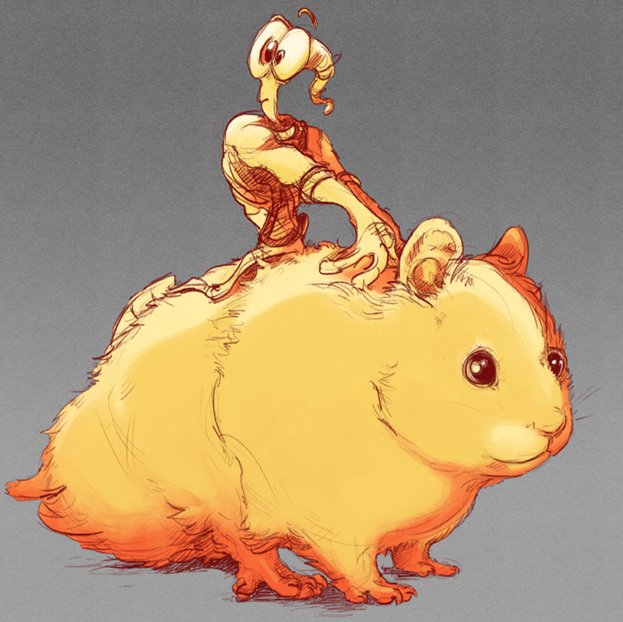 Earthworm Jim sitting on a giant hamster